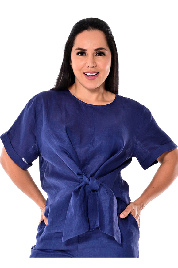 Azucar 100% Linen Ladies Short Sleeve Front-Tie Blouse in (3) Colors-LLB1333 - Casual Tropical Wear