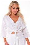 AZUCAR 3/4 SLEEVE FRONT TIE BLOUSE WITH BUTTONS -white- LLB1334