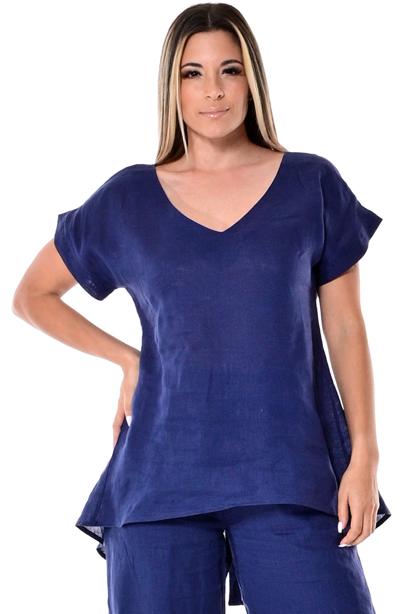 AZUCAR LADIES SHORT SLEEVE TUNIC 100% LINEN -navy front - LLB1382