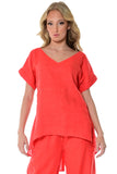 Azucar 100% Linen Ladies Short Sleeve V-Neck Hi-Low Blouse - LLB1382