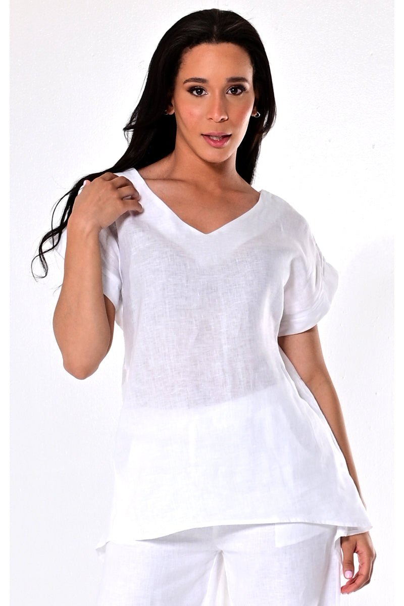 AZUCAR LADIES SHORT SLEEVE TUNIC 100% LINEN - white - LLB1382