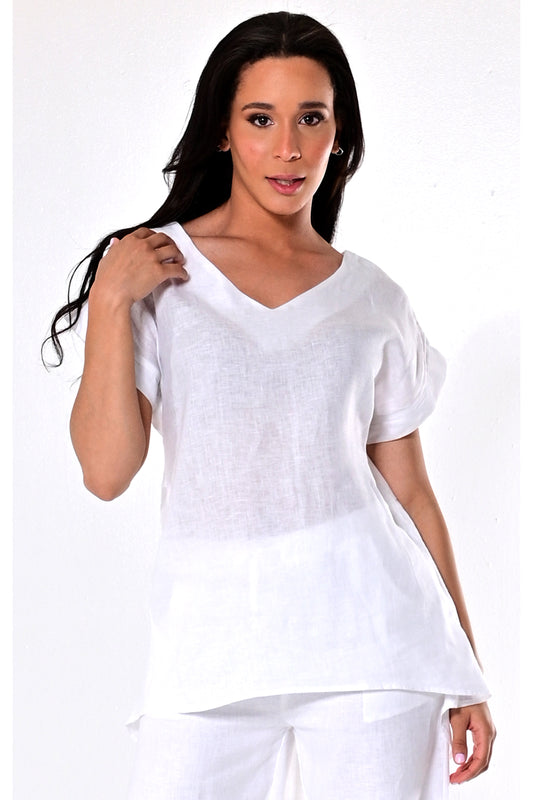 AZUCAR LADIES SHORT SLEEVE TUNIC 100% LINEN - white - LLB1382