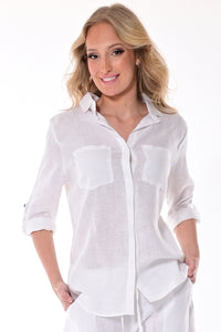 AZUCAR LADIES LONG SLEEVE ROLL-UP BLOUSE 100% LINEN - White - LLB1552