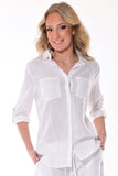 AZUCAR LADIES LONG SLEEVE ROLL-UP BLOUSE 100% LINEN - White - LLB1552