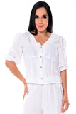 AZUCAR LADIES 3/4 SLEEVE BUTTON DOWN BLOUSE 100% LINEN - IN (2) COLORS - LLB1699 WHITE FRONT 