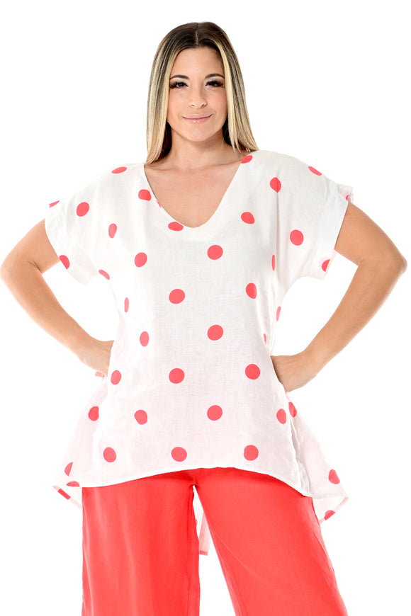 AZUCAR LADIES V-NECK SHORT SLEEVE TUNIC 100% LINEN WITH POLKA DOTS - white/red on model - LLB1726