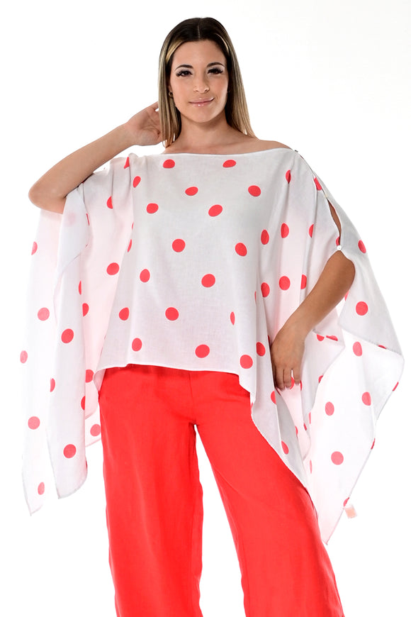 AZUCAR LADIES 100% LINEN PONCHO WITH POLKA DOTS - LLB1728 White/red