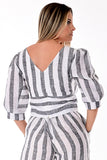 AZUCAR LADIES V-NECK PUFFY SLEEVES STRIPED BLOUSE 100% LINEN - IN (3) COLORS - LLB1731 GRAY BACK 