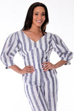 AZUCAR LADIES V-NECK PUFFY SLEEVES STRIPED BLOUSE 100% LINEN - IN (3) COLORS - LLB1731 GRAY FULL