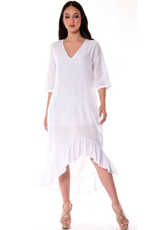 Azucar 100% Linen Ladies Dress with 3/4 Sleeve and Ruffled Hem in (3) Colors-LLD1451/LLWD1981 - Casual Tropical Wear