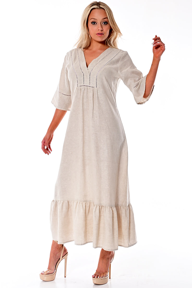 AZUCAR LADIES 3/4 SLEEVE LONG DRESS 100% LINEN - natural on model - LLD1695