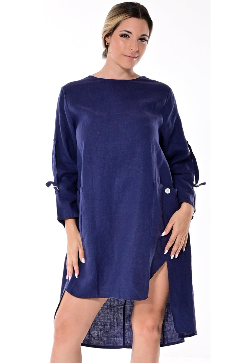 AZUCAR LADIES LONG SLEEVE DRESS 100% LINEN - navy on model - LLD1728
