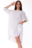 AZUCAR LADIES LONG SLEEVE DRESS 100% LINEN - white on model - LLD1728