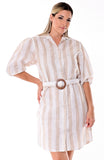 AZUCAR LADIES 3/4 SLEEVES STRIPED SHORT DRESS 100% LINEN - natural on model  - LLD1732