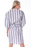 AZUCAR LADIES 3/4 SLEEVES STRIPED SHORT DRESS 100% LINEN - navy back view - LLD1732
