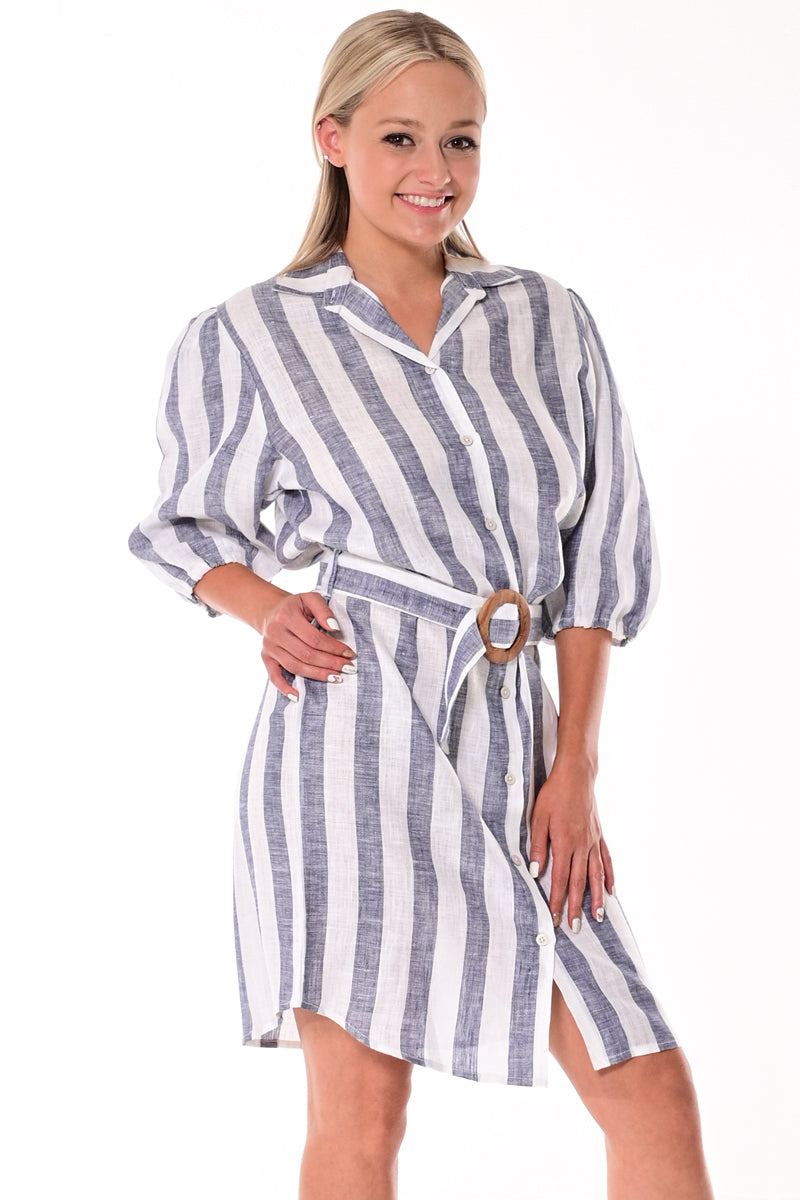 AZUCAR LADIES 3/4 SLEEVES STRIPED SHORT DRESS 100% LINEN - navy on model - LLD1732