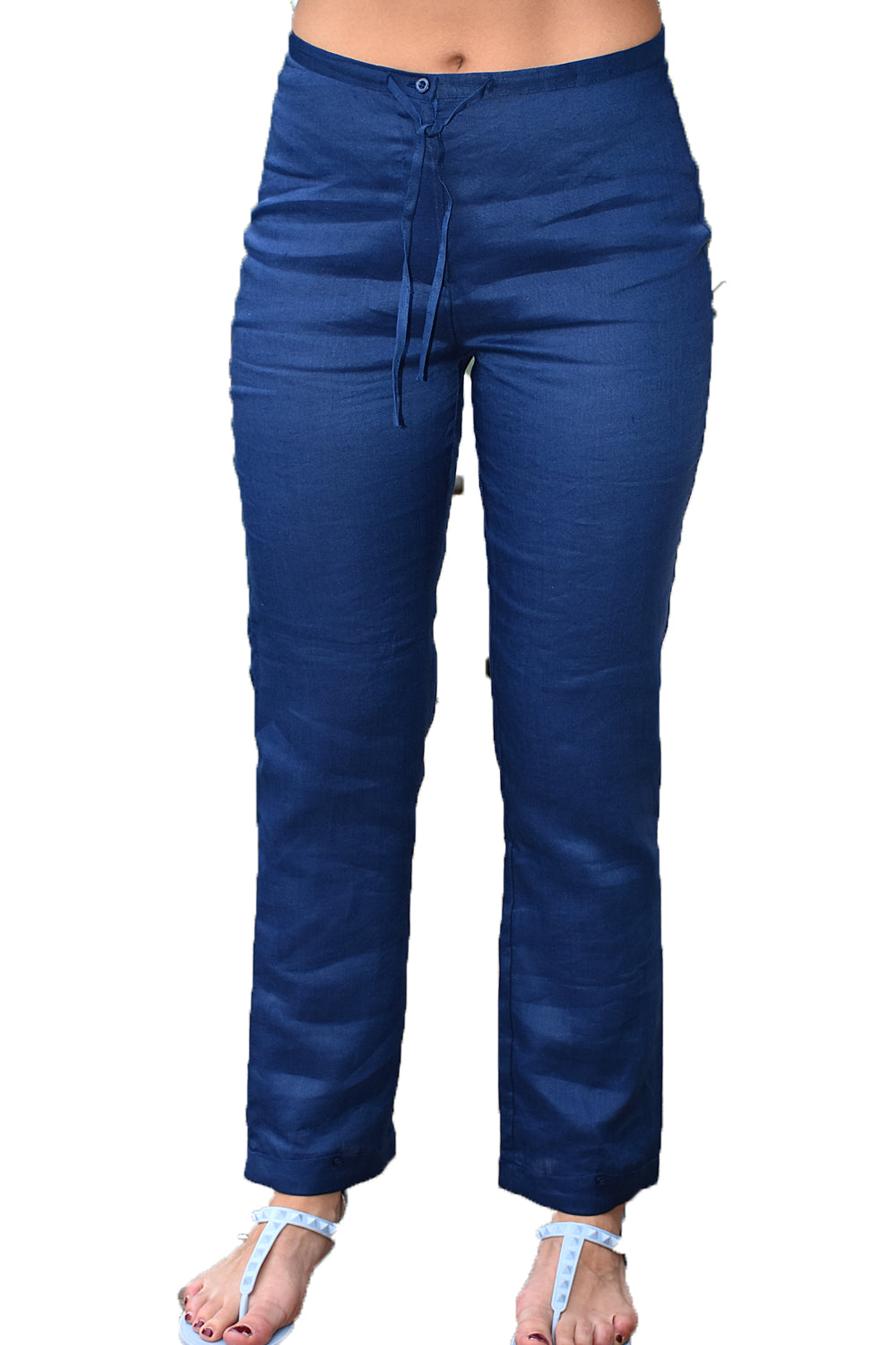 Azucar Ladies Linen Drawstring Lined Flat Front (2) Back Pocket Pants In navy - LLGP108