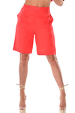 AZUCAR LADIES FLAT FRONT TWO POCKETS ELASTIC SHORTS 100% LINEN - red on model - LLH1379