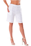 AZUCAR LADIES FLAT FRONT TWO POCKETS ELASTIC SHORTS 100% LINEN - white on model - LLH1379