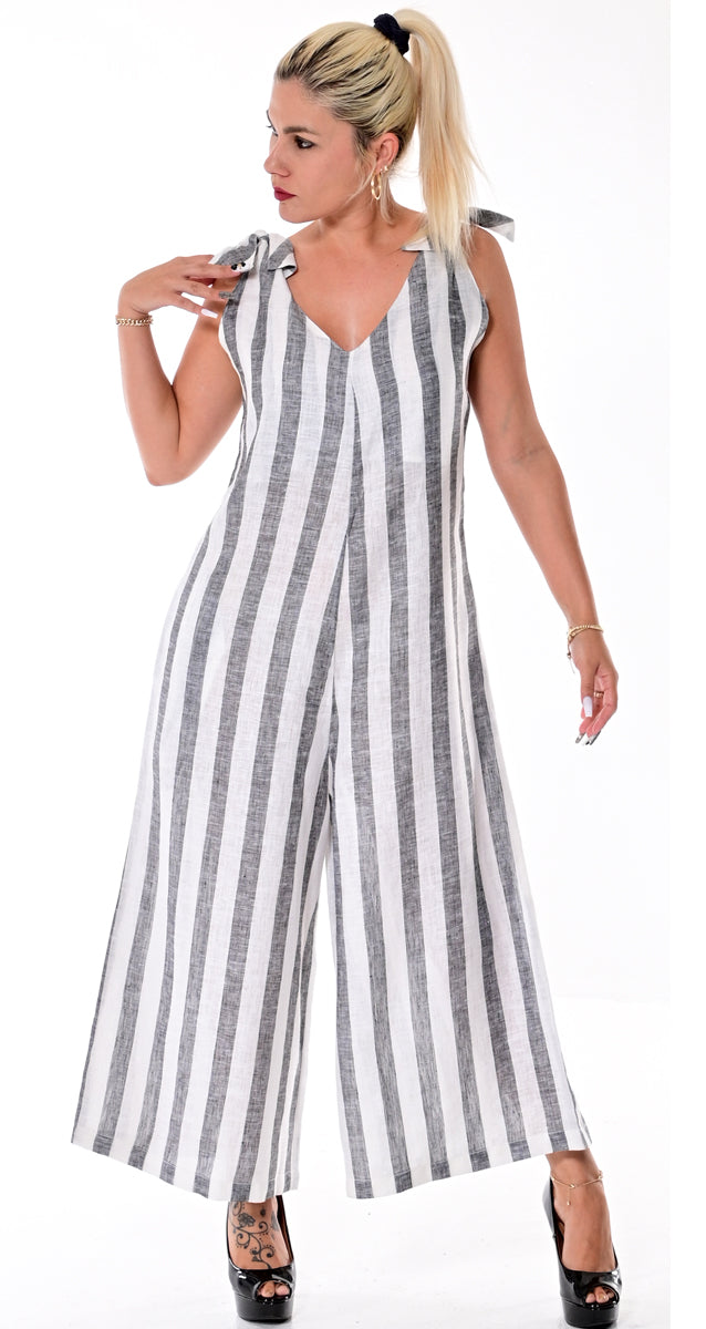AZUCAR LADIES SLEEVELESS STRIPED LONG JUMPER 100% LINEN -black on model front  - LLJ1318