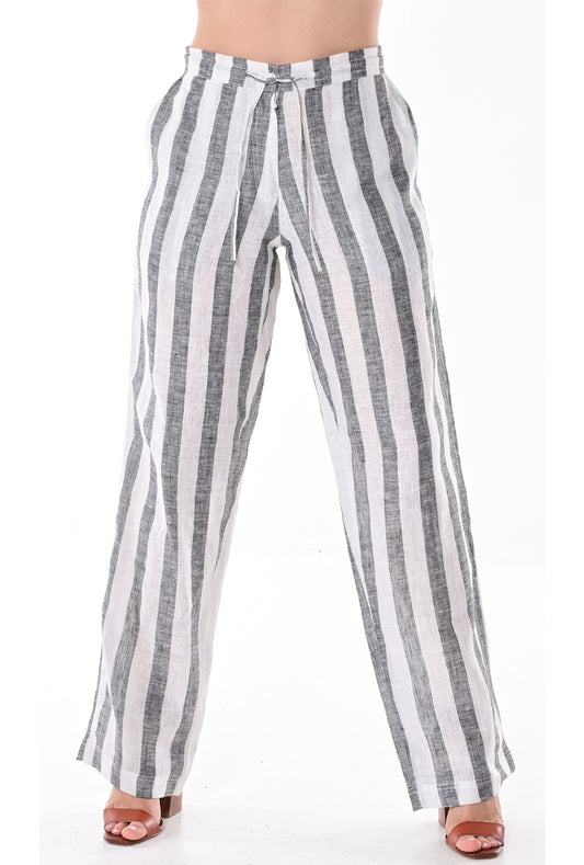 Azucar 100% Linen Casual Women's Drawstring Pants w/Wide Leg in Linen Stripped-LLP1317 - Casual Tropical Wear
