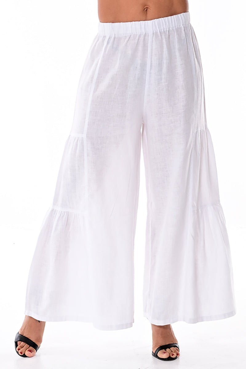 AZUCAR LADIES PALAZZO PANTS 100% LINEN - white on modelS - LLP1702