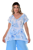 AZUCAR LADIES CASUAL V-NECK TUNIC 100% LINEN - IN (4) COLORS - LLWB110 blue floral 