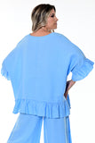 AZUCAR LADIES BUTTERFLY TOP WITH RUFFLES 100% LINEN - IN (3) COLORS - LLWB114 blue back 