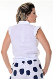 AZUCAR LADIES SLEEVELESS BLOUSE WITH RUFFLES 100% LINEN IN WHITE ON MODEL BACK VIEW - LLWB115