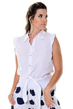 AZUCAR LADIES SLEEVELESS BLOUSE WITH RUFFLES 100% LINEN IN WHITE ON MODEL FRONT VIEW - LLWB115
