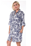 AZUCAR LADIES LONG SLEEVES PRINTED DRESS 100% LINEN - navy on model - LLWD102