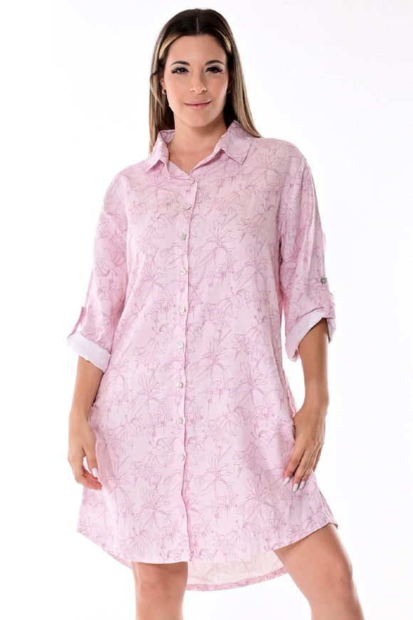 AZUCAR LADIES LONG SLEEVES PRINTED DRESS 100% LINEN - pink on model - LLWD102