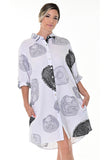 AZUCAR LADIES LONG SLEEVES PRINTED DRESS 100% LINEN - white black on model - LLWD102