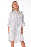 AZUCAR LADIES LONG SLEEVES PRINTED DRESS 100% LINEN - white front view on model - LLWD102