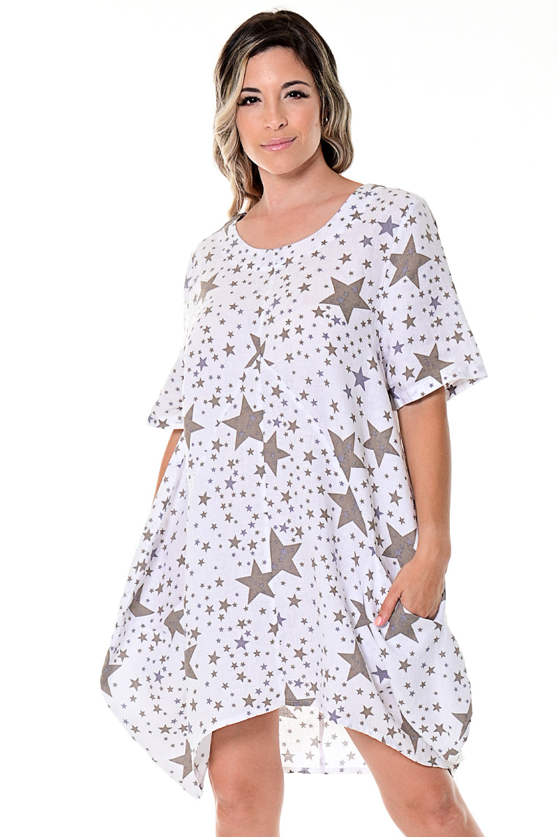 Azucar Ladies 100% Linen Loose Fit Short Sleeve Dress Matchbook Pockets in (4) Colors-LLWD105 Ivory/Star / S/M Azucar Ladies 100% Linen Loose Fit Short Sleeve Dress Matchbook Pockets in (4) Colors-LLWD105 Ivory/Star / S/M