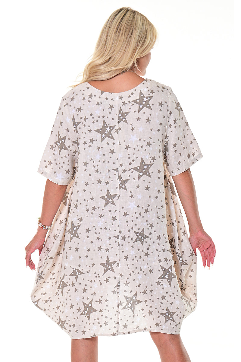 Azucar Ladies 100% Linen Loose Fit Short Sleeve Dress Matchbook Pockets in (4) Colors-LLWD105 Ivory/Star / S/M Azucar Ladies 100% Linen Loose Fit Short Sleeve Dress Matchbook Pockets in (4) Colors-LLWD105 Ivory/Star / S/M