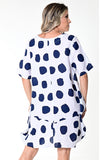 AZUCAR LADIES SHORT SLEEVES DRESS WITH POCKETS 100% LINEN - white navy back view - LLWD105