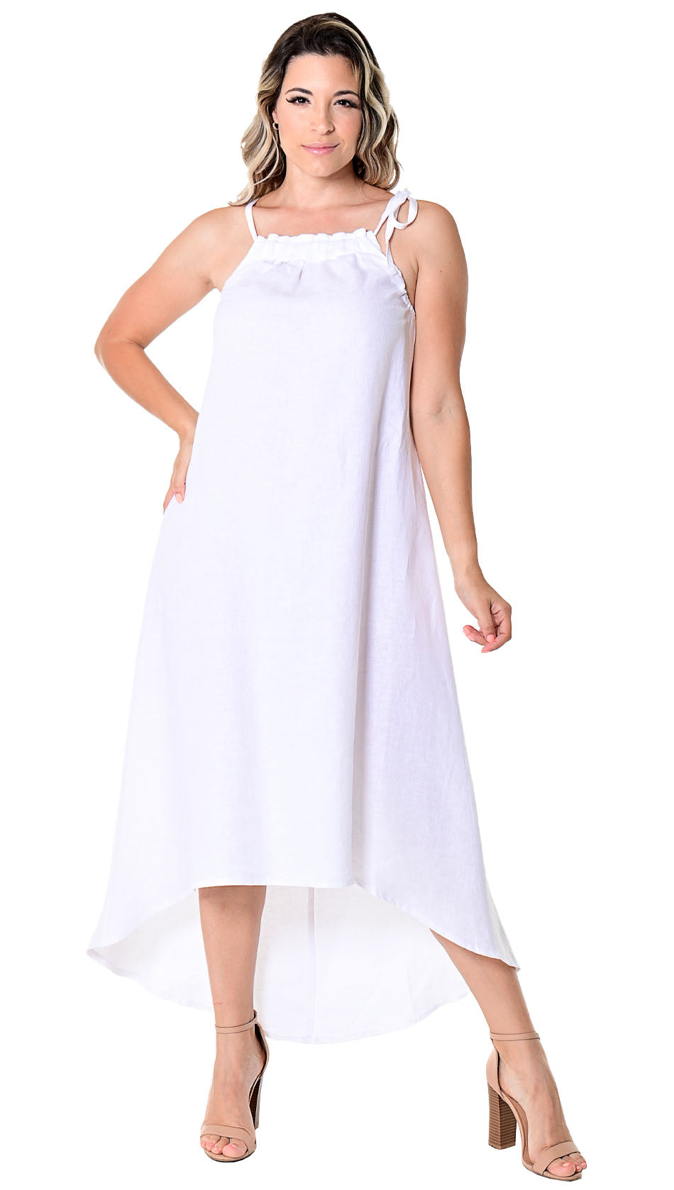 knee length dresses for ladies Azucar Ladies 100% Linen Long Dress w/Adjustable Shoulder Straps in (4) Colors