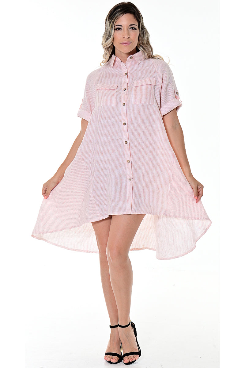AZUCAR LADIES ROLL-UP SLEEVES HIGH LOW DRESS WITH FRONT POCKETS 100% LINEN - ivory peach  - LLWD107