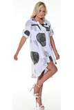 AZUCAR LADIES ROLL-UP SLEEVES HIGH LOW DRESS WITH FRONT POCKETS 100% LINEN - white black on model  - LLWD107