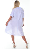 AZUCAR LADIES ROLL-UP SLEEVES HIGH LOW DRESS WITH FRONT POCKETS 100% LINEN - white lt. blue back view  - LLWD107