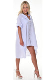 AZUCAR LADIES ROLL-UP SLEEVES HIGH LOW DRESS WITH FRONT POCKETS 100% LINEN - white lt. blue on model - LLWD107
