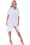 AZUCAR LADIES ROLL-UP SLEEVES HIGH LOW DRESS WITH FRONT POCKETS 100% LINEN - white on model - LLWD107
