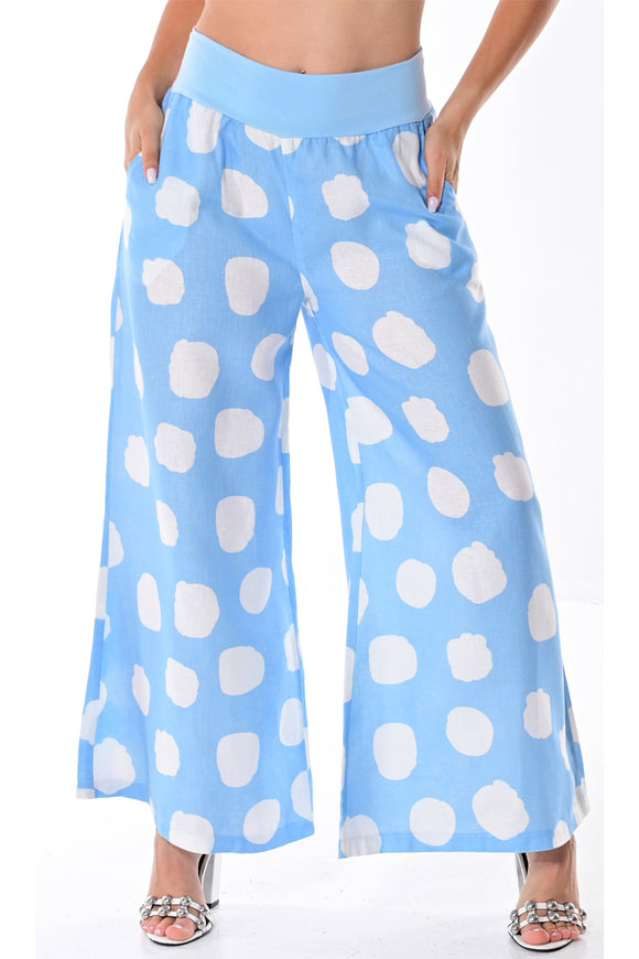 AZUCAR LADIES LONG LOOSE PANTS WITH POLKA DOTS 100% LINEN - lt blue white polk dot on model - LLWP104