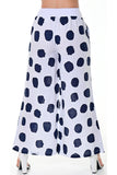 AZUCAR LADIES LONG LOOSE PANTS WITH POLKA DOTS 100% LINEN - white navy on model back view - LLWP104