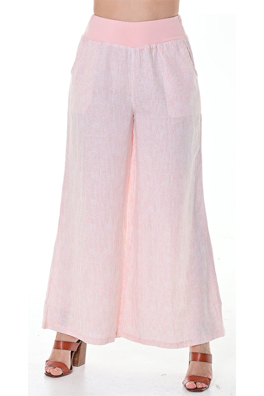 AZUCAR LADIES LONG LOOSE STRIPED PANTS WITH FRONT POCKETS 100% LINEN - ivory peach - LLWP113S