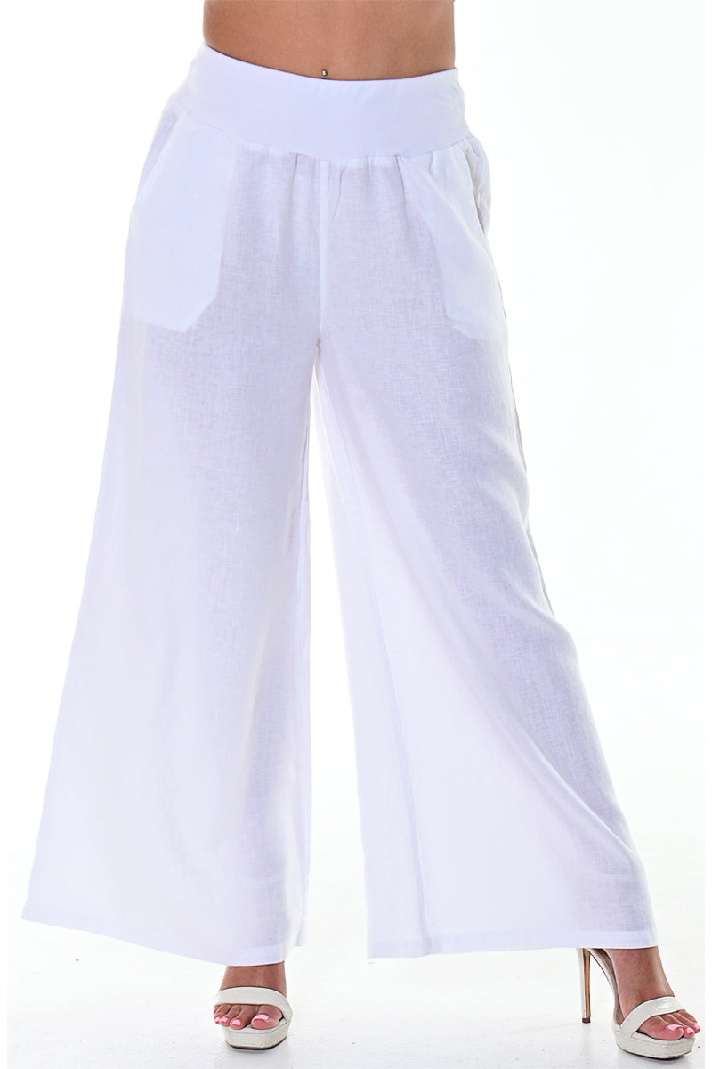 AZUCAR LADIES LONG LOOSE SOLID PANTS WITH FRONT POCKETS 100% LINEN - WHITE ON MODEL - LLWP113