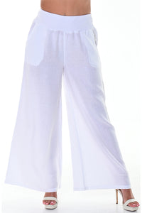 AZUCAR LADIES LONG LOOSE SOLID PANTS WITH FRONT POCKETS 100% LINEN - WHITE ON MODEL - LLWP113