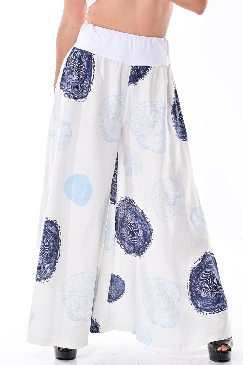 AZUCAR LADIES BIG PRINT PANTS 100% LINEN - white blue - LLWP301