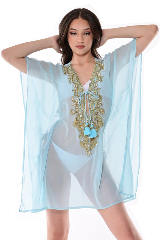AZUCAR LADIES LONG TUNIC AQUA ON MODEL - BEACH WEAR - LPT1732